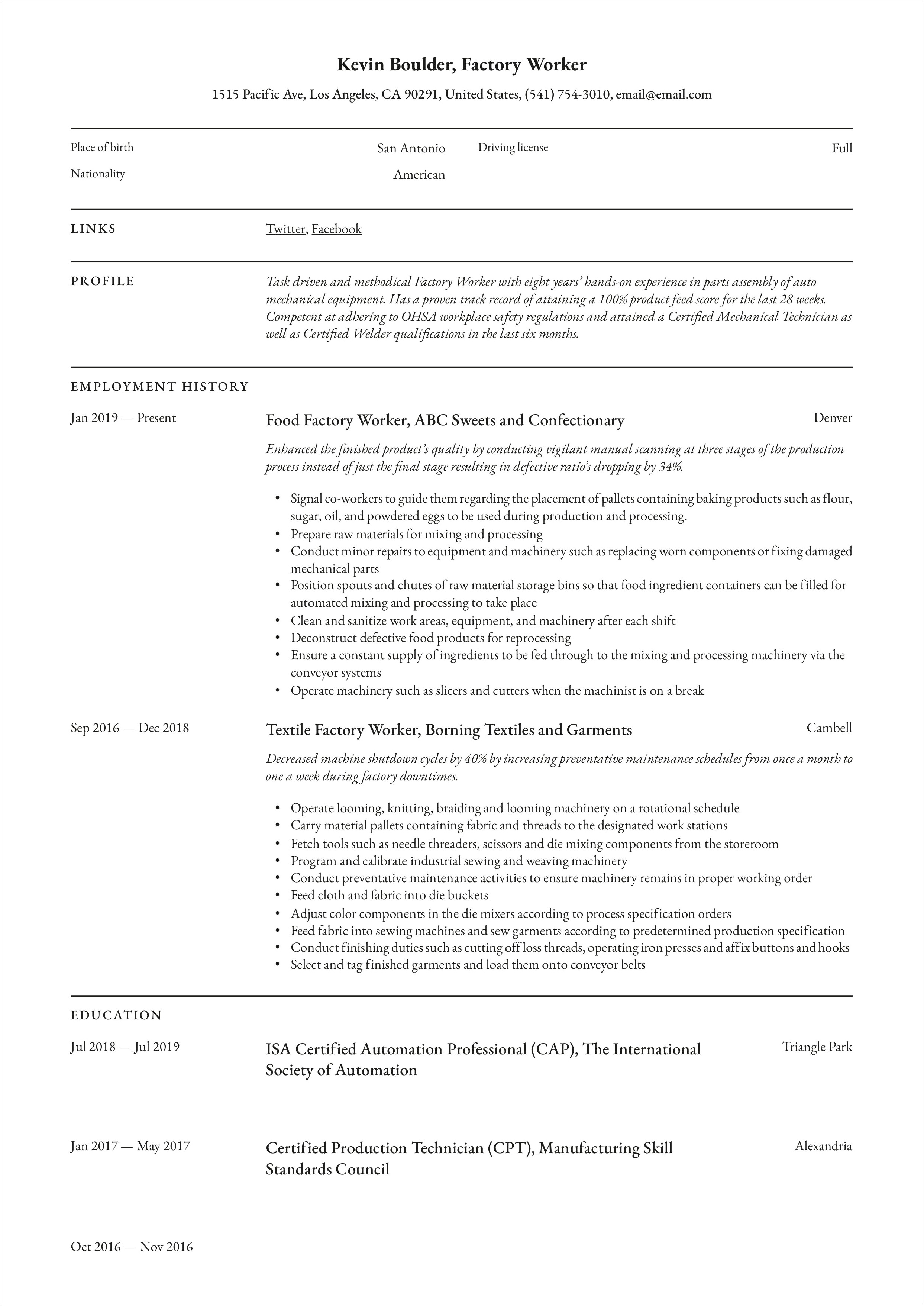 Examples Of Faxtory Asssembly Resumes