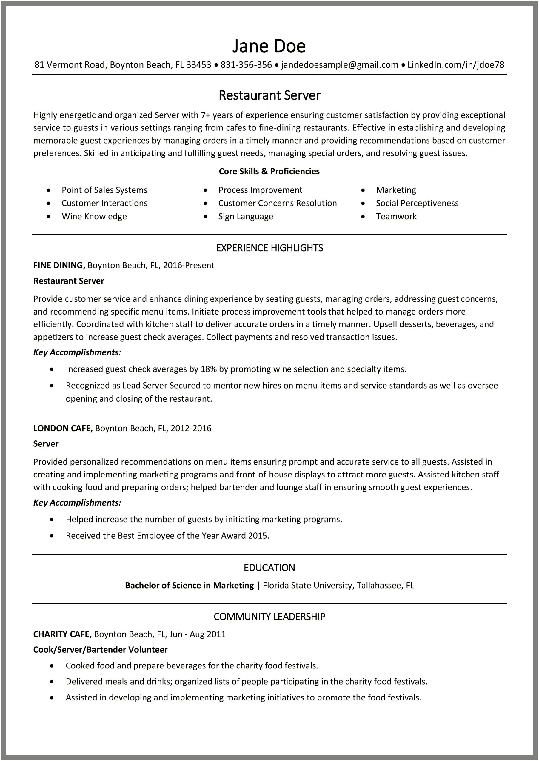 Examples Of Food Server Resume