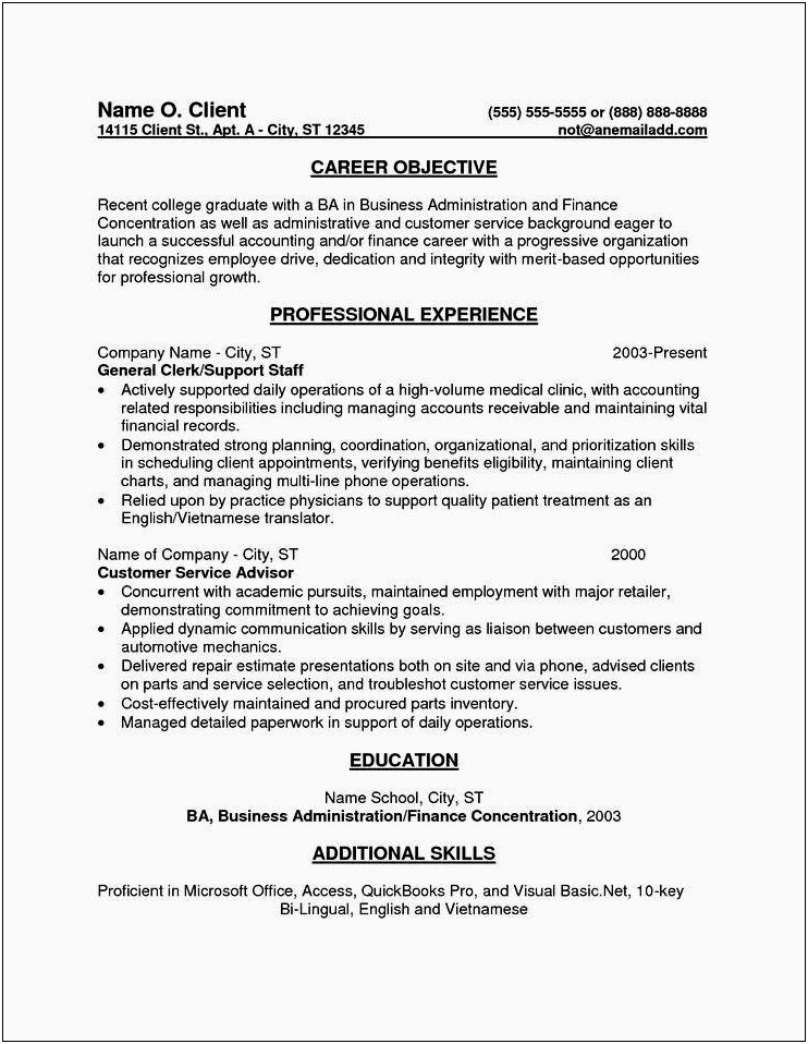 Examples Of General Objectives For A Resume