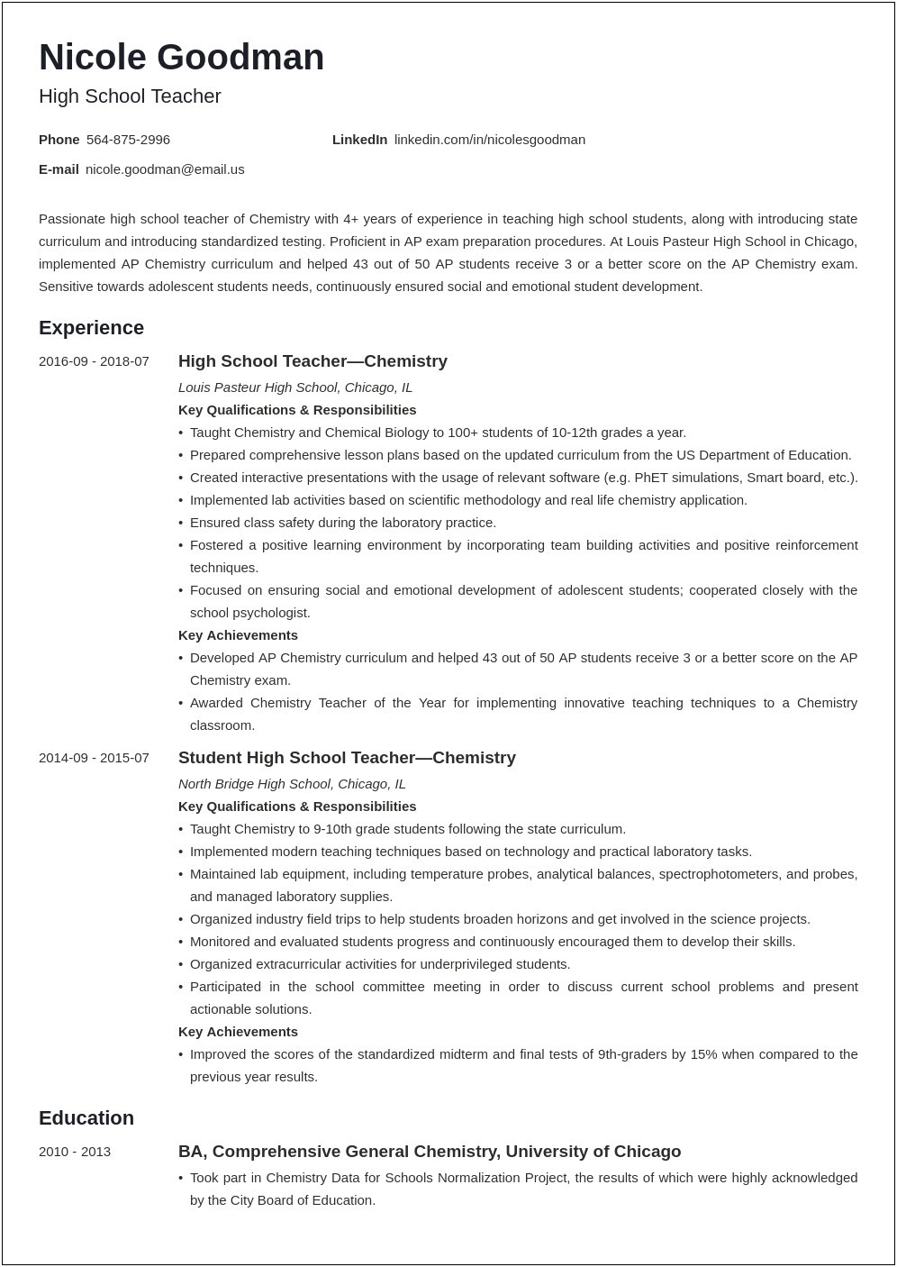 Examples Of Good Resumes For Teaching