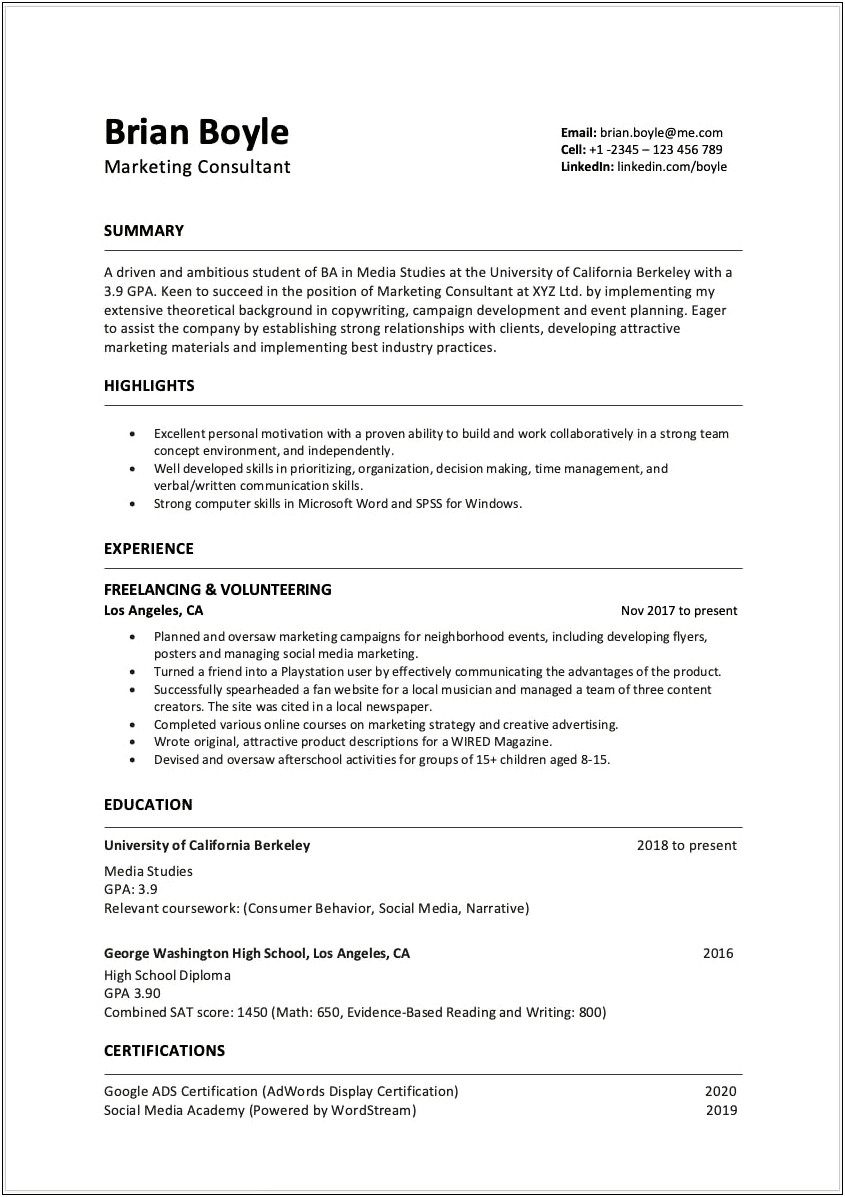 Examples Of Good Resumes With No Work Experience