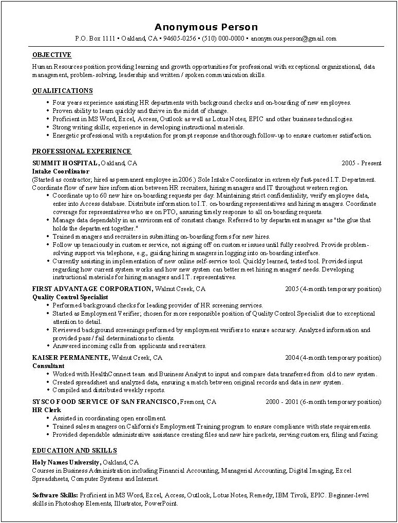 Examples Of Hr Resume Objectives