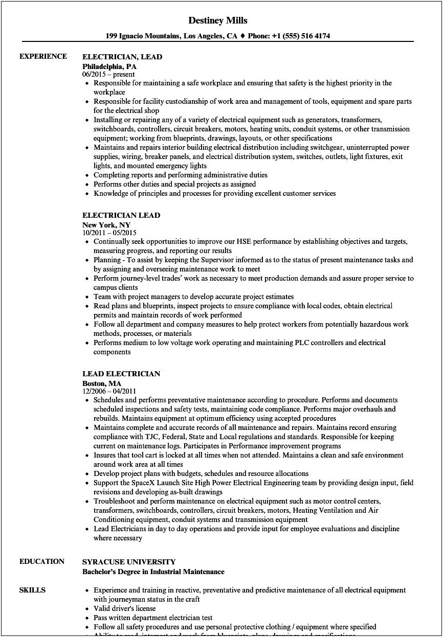 Examples Of Industrial Electrician Resume