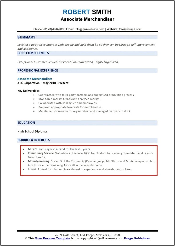 Examples Of Interests To Put On A Resume