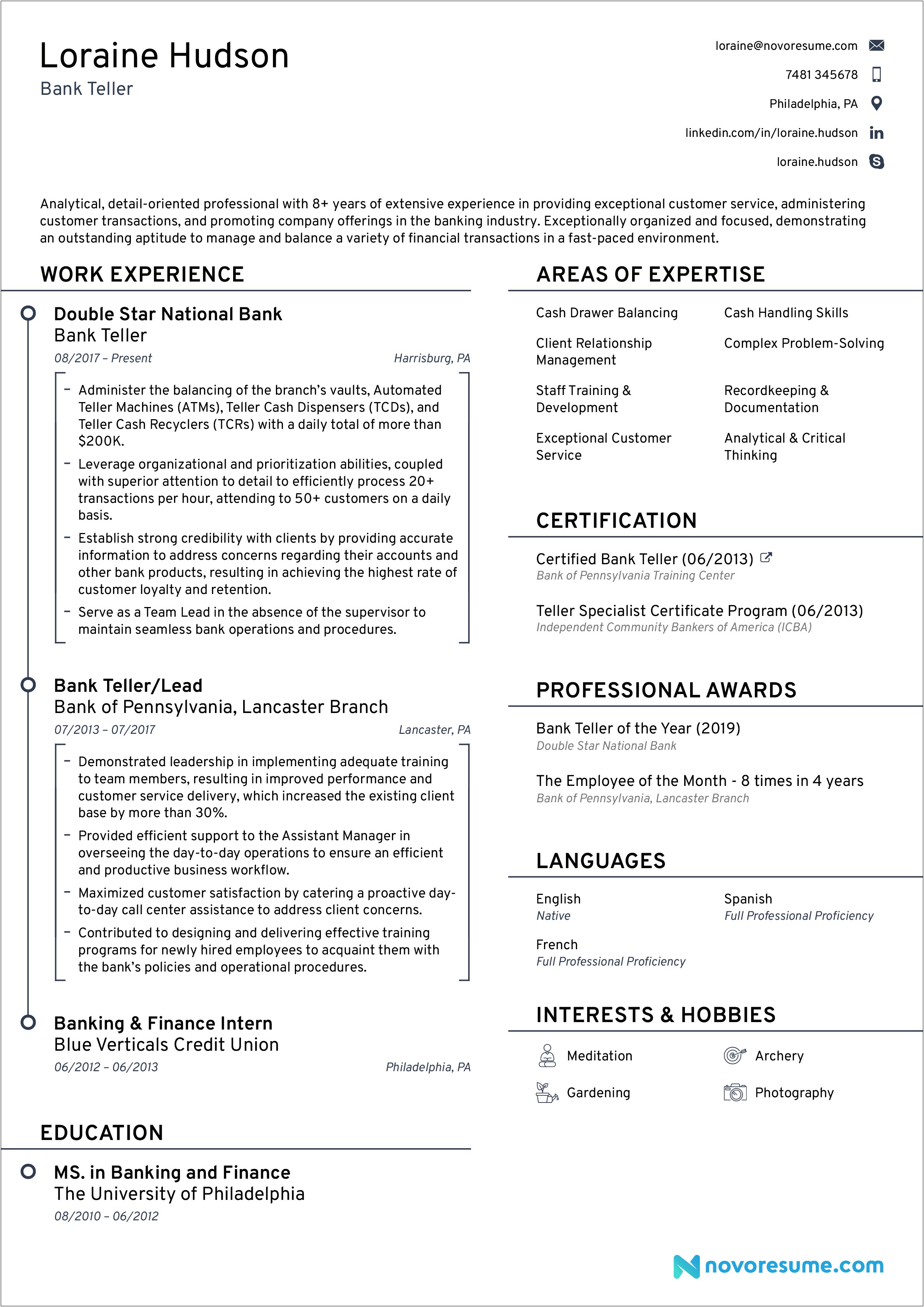 Examples Of Lead Teller Resume