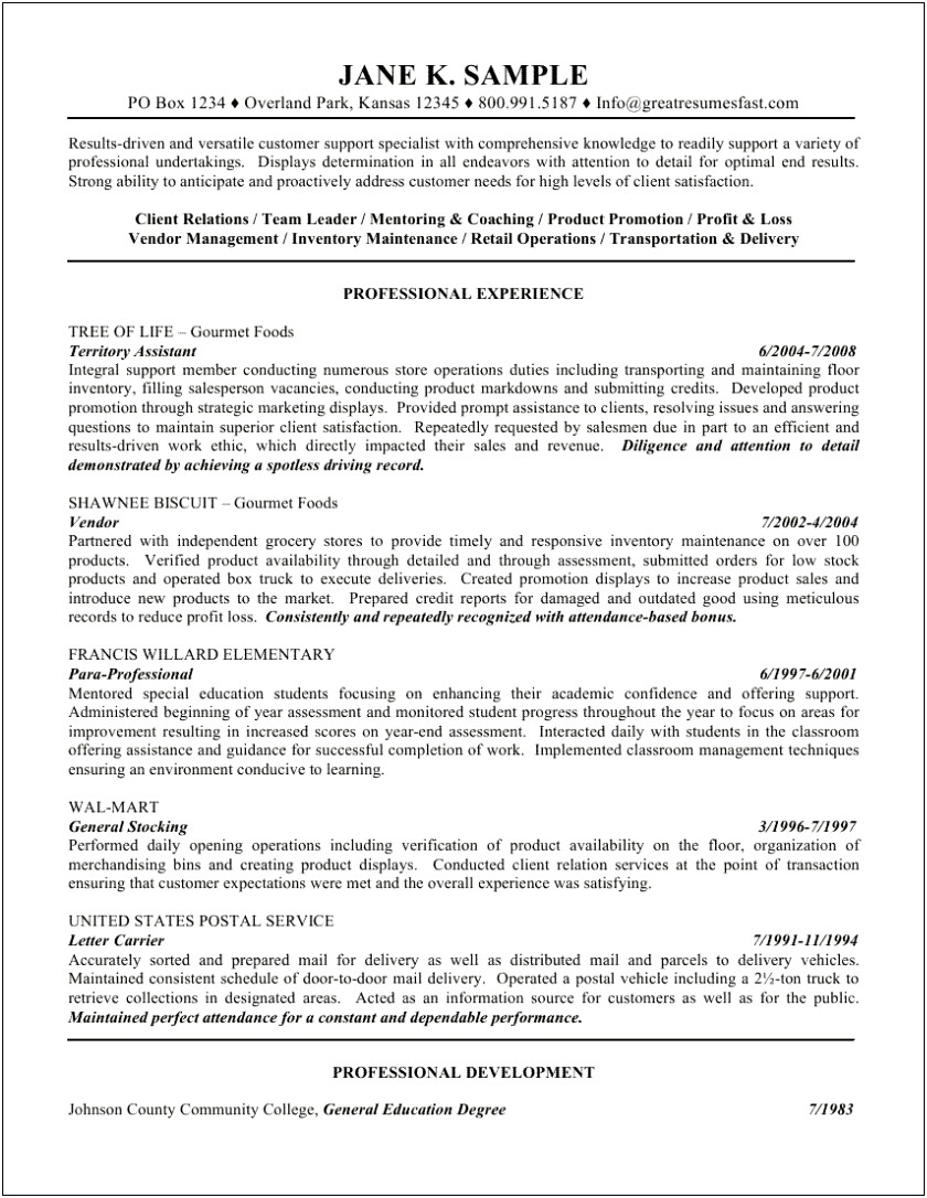 Examples Of Mail Carrier Description Resume