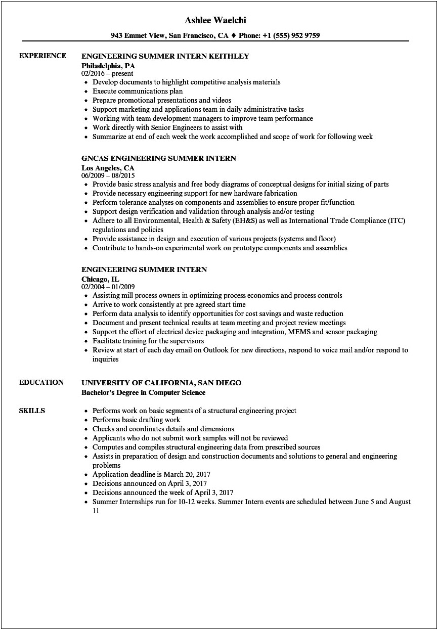 Examples Of Manufacturing Intern Resume