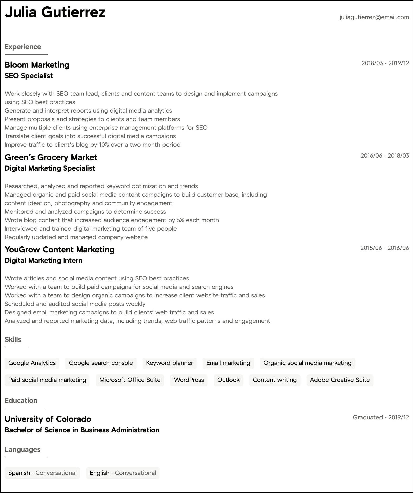 Examples Of Marketing Experience In Resume