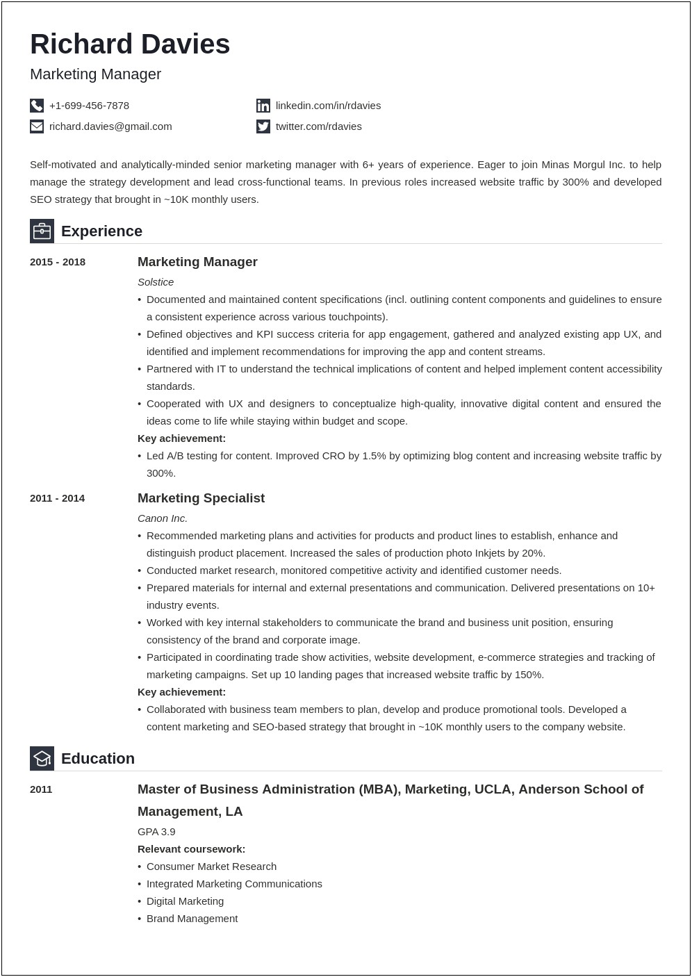 Examples Of Marketing Resume Objectives