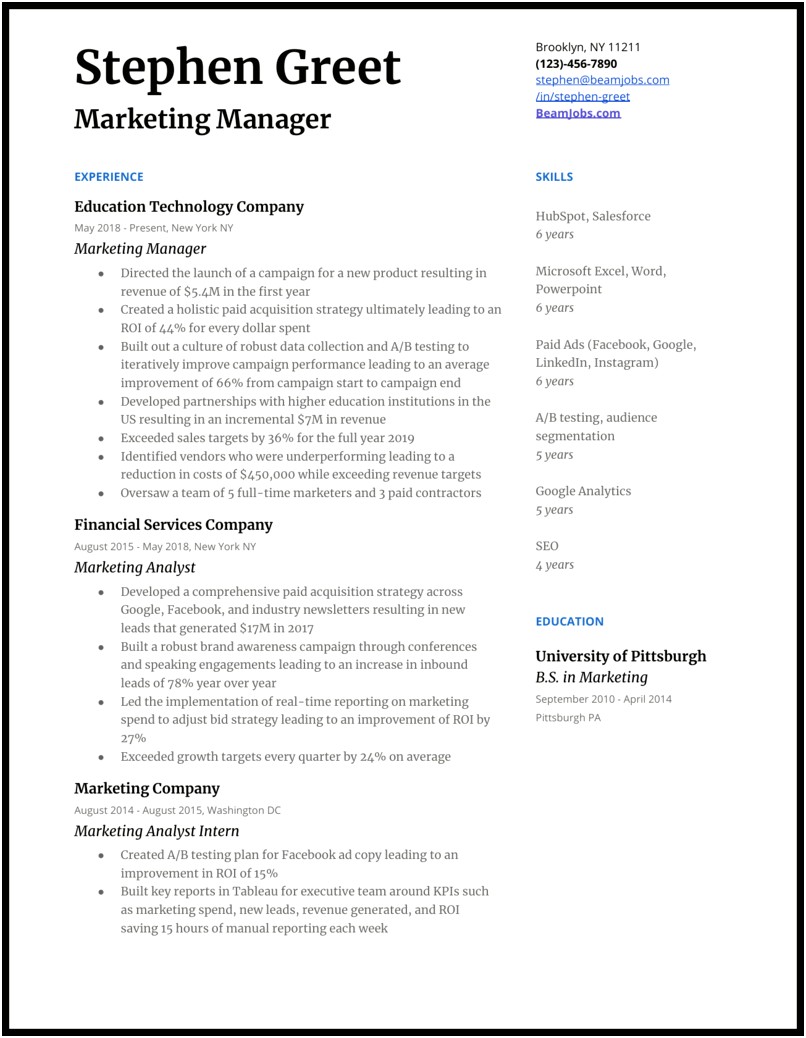 Examples Of Marketing Resume Profiles