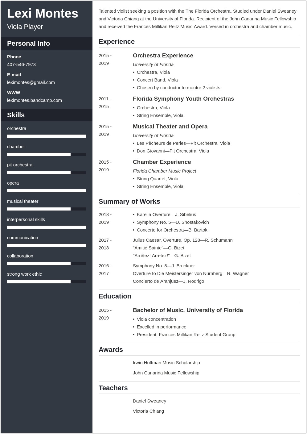 Examples Of Music Resume For High School