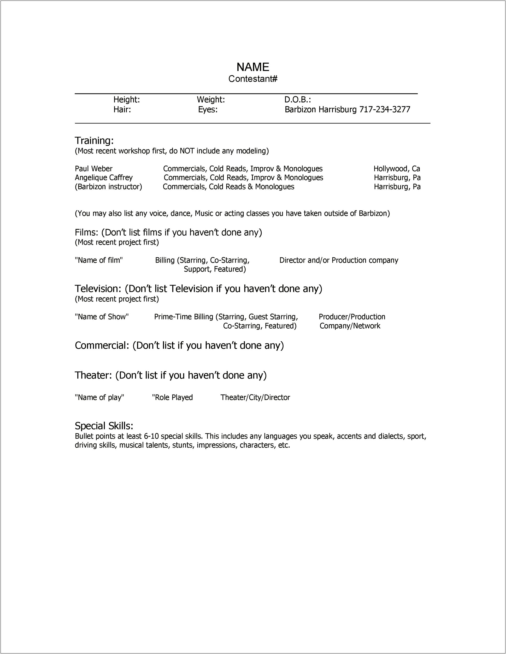 Examples Of Musical Theatre Resumes