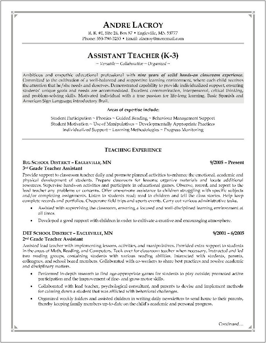 Examples Of Objective For A Teacher Assistant Resume