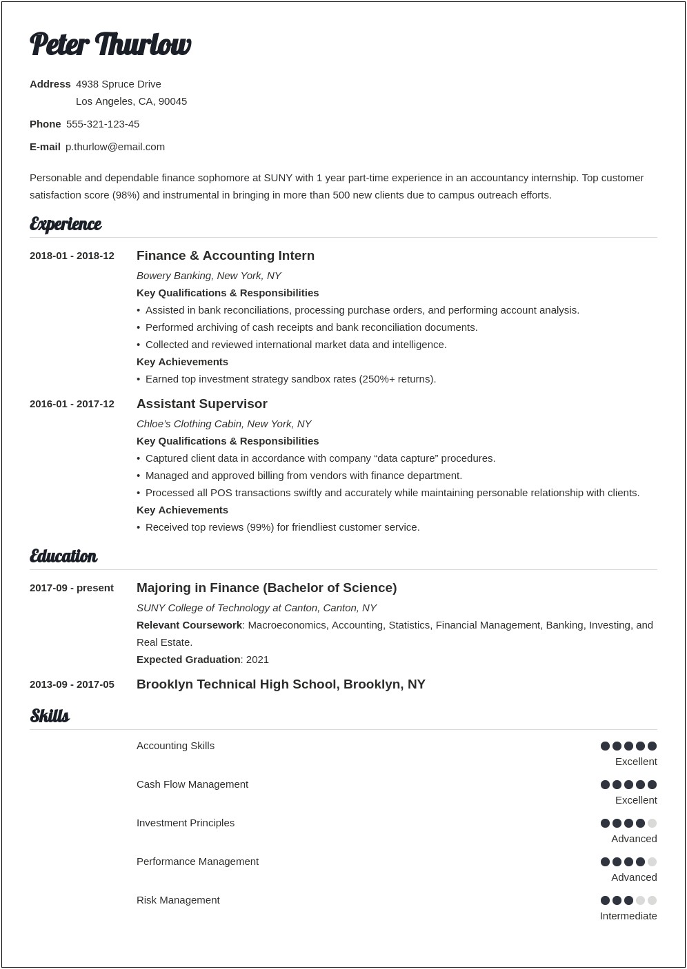 Examples Of Objective In Resume For Internship