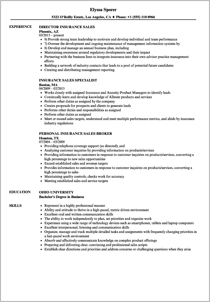 Examples Of Objective On Resume For Insurancer Company