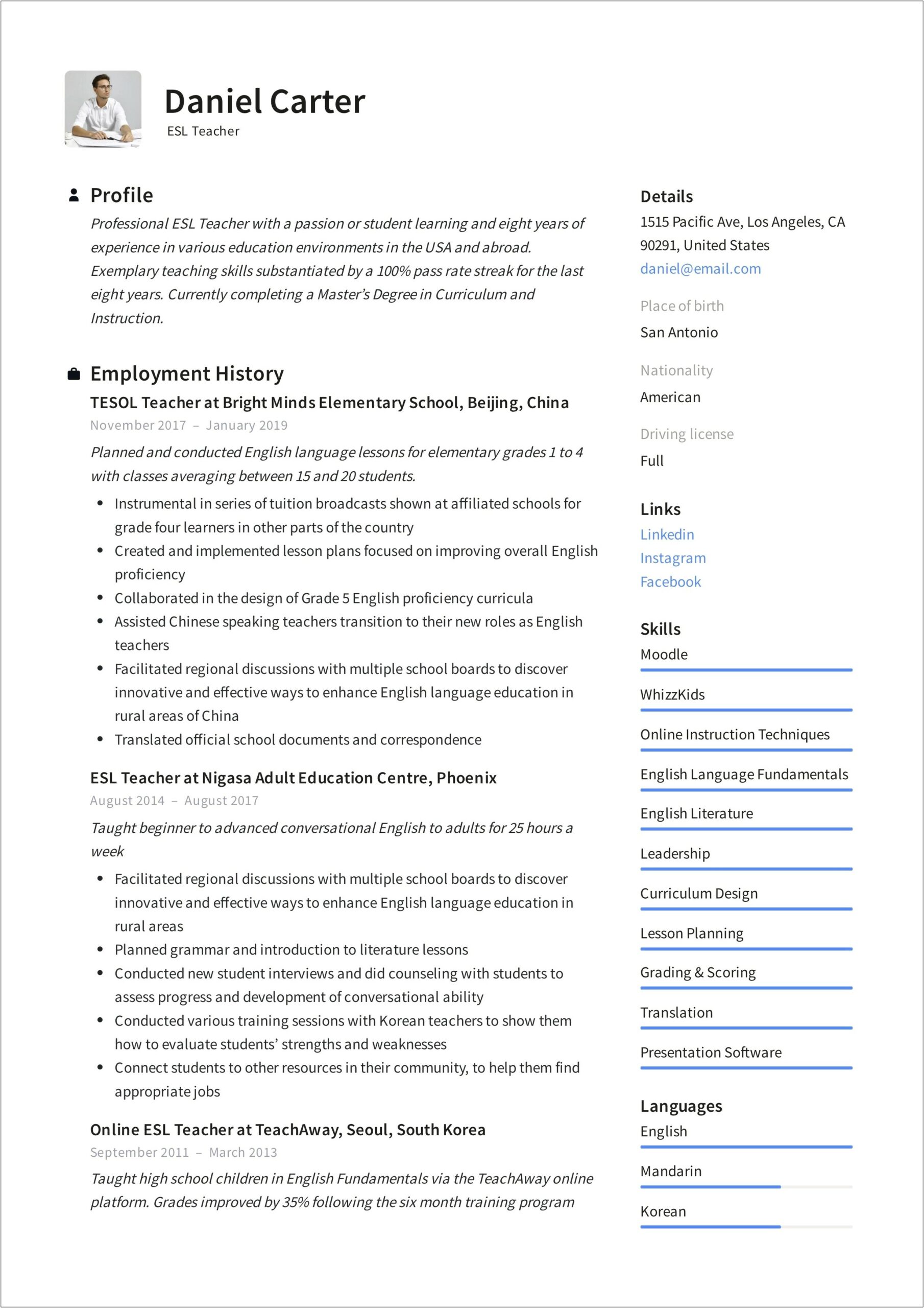Examples Of Objectives For Teacher Resume