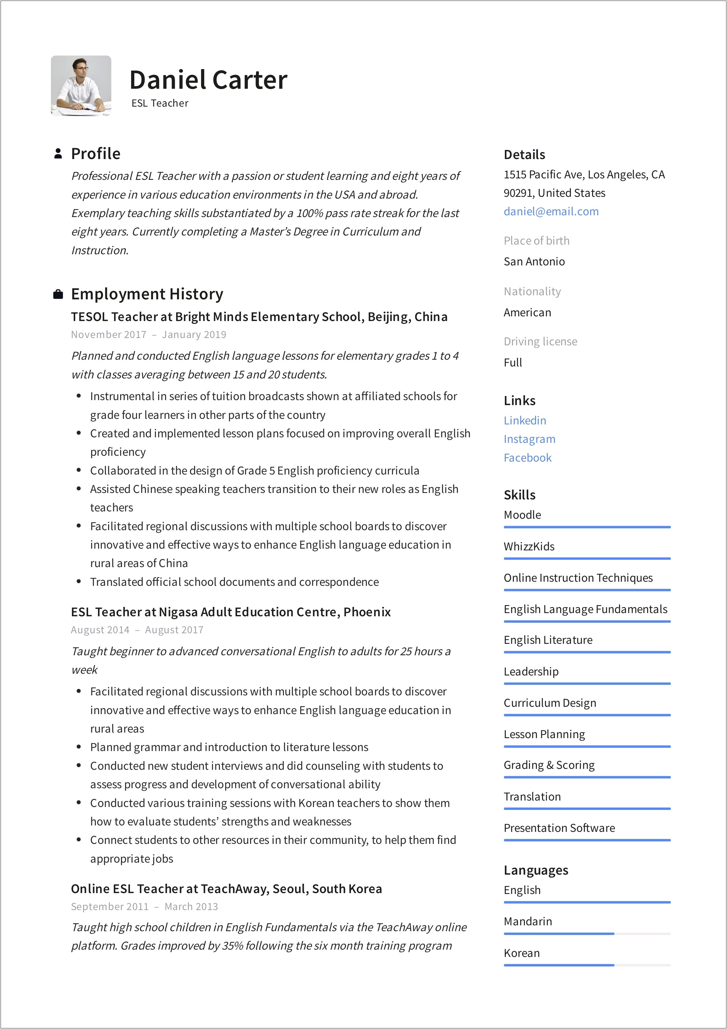 Examples Of Objectives For Teacher Resume