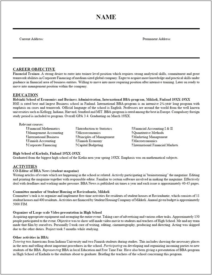 Examples Of Objectives On Resumes For Highschool Students