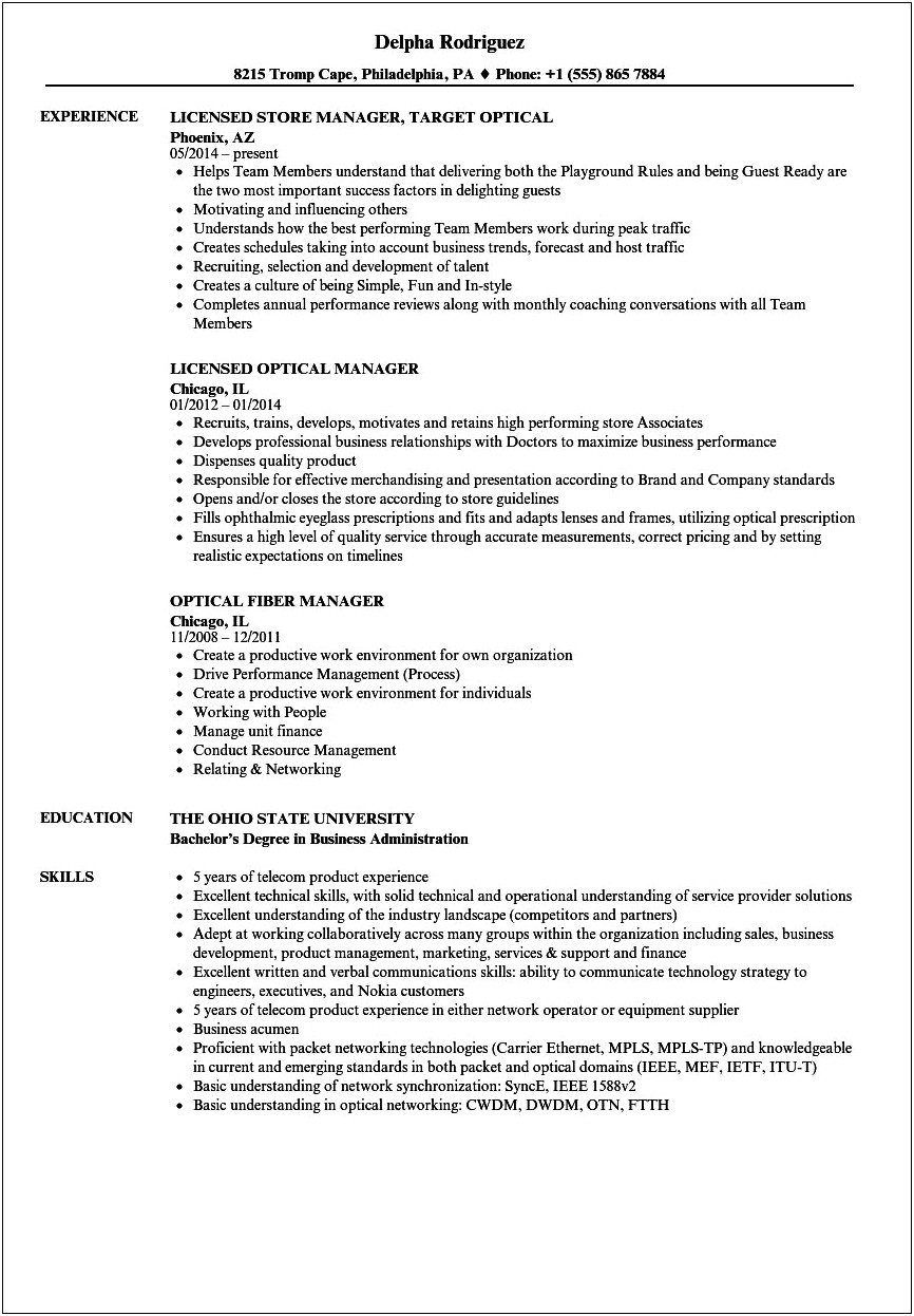 Examples Of Optical Technician Resume