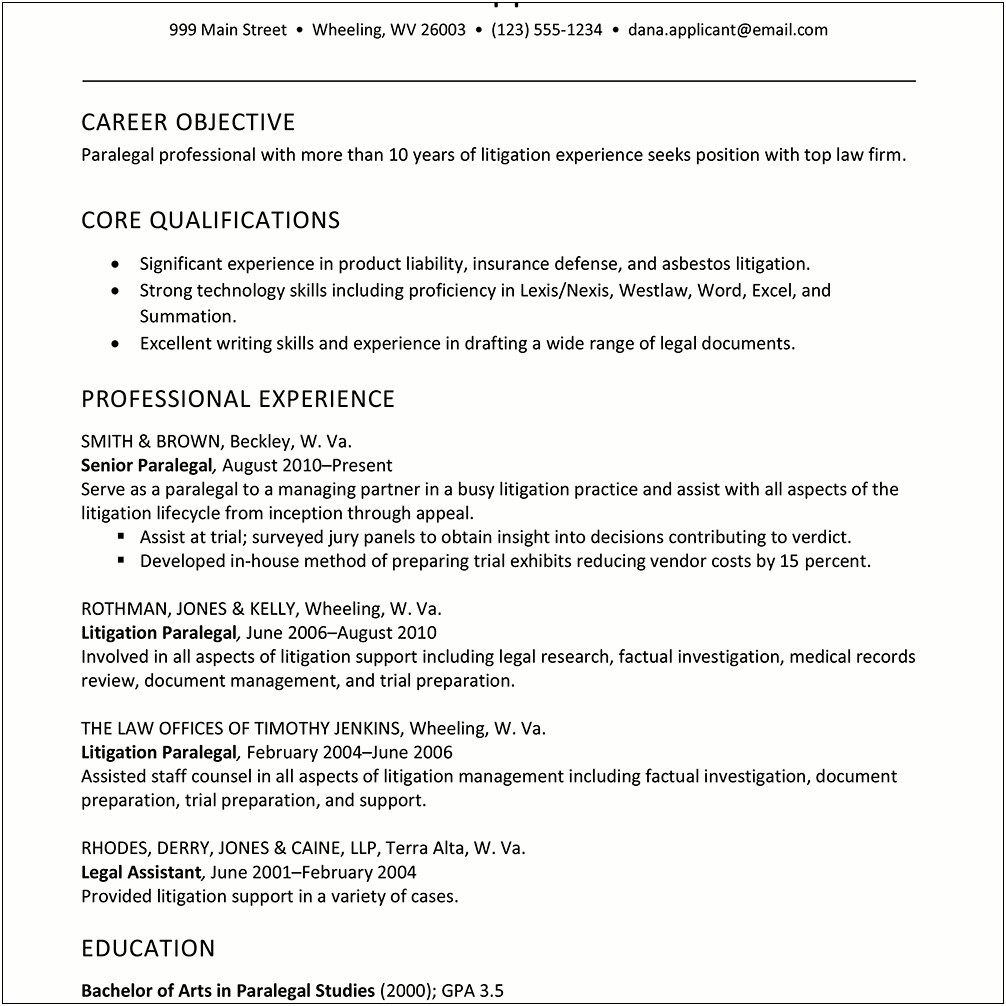 Examples Of Paralegal Resumes Entry Level