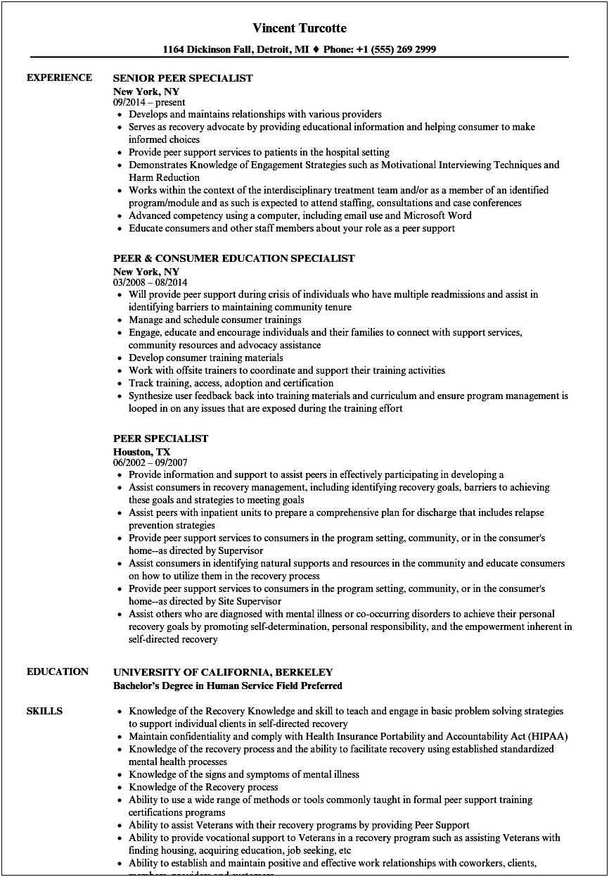 Examples Of Peer Support Specialist Resumes
