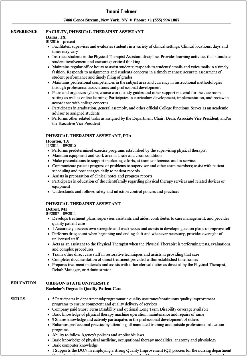 Examples Of Physical Therapist Assistant Resume
