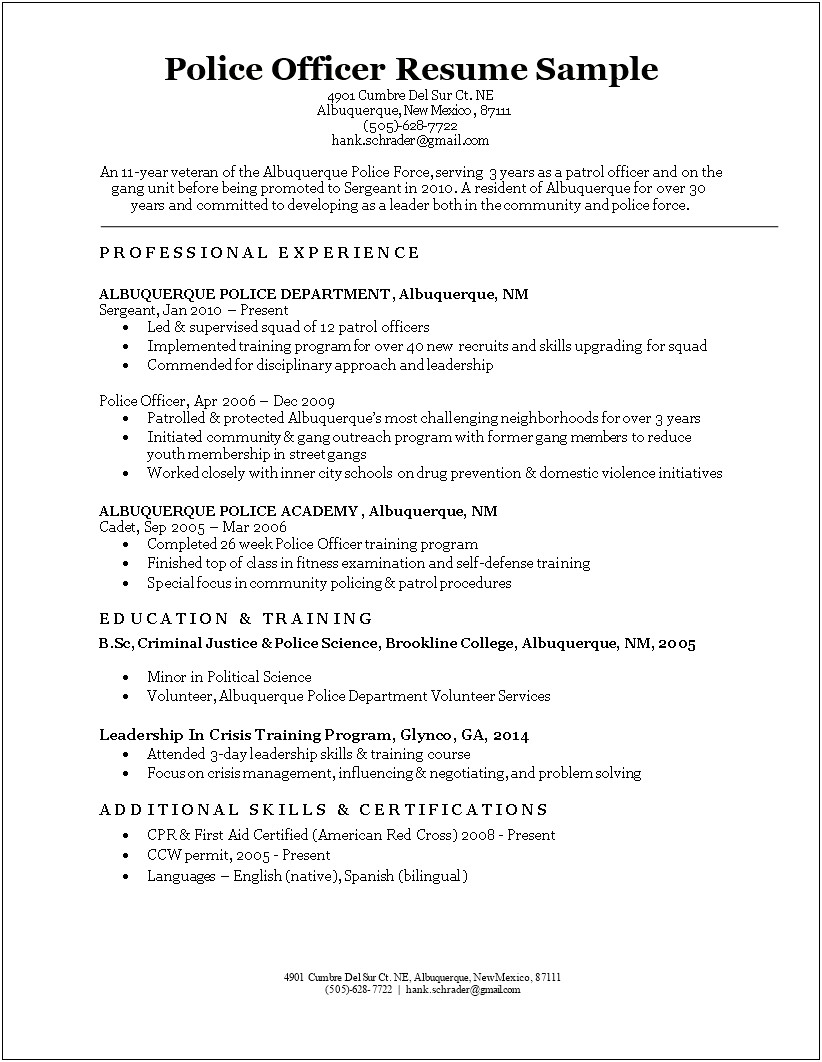 Examples Of Police Officer Resume