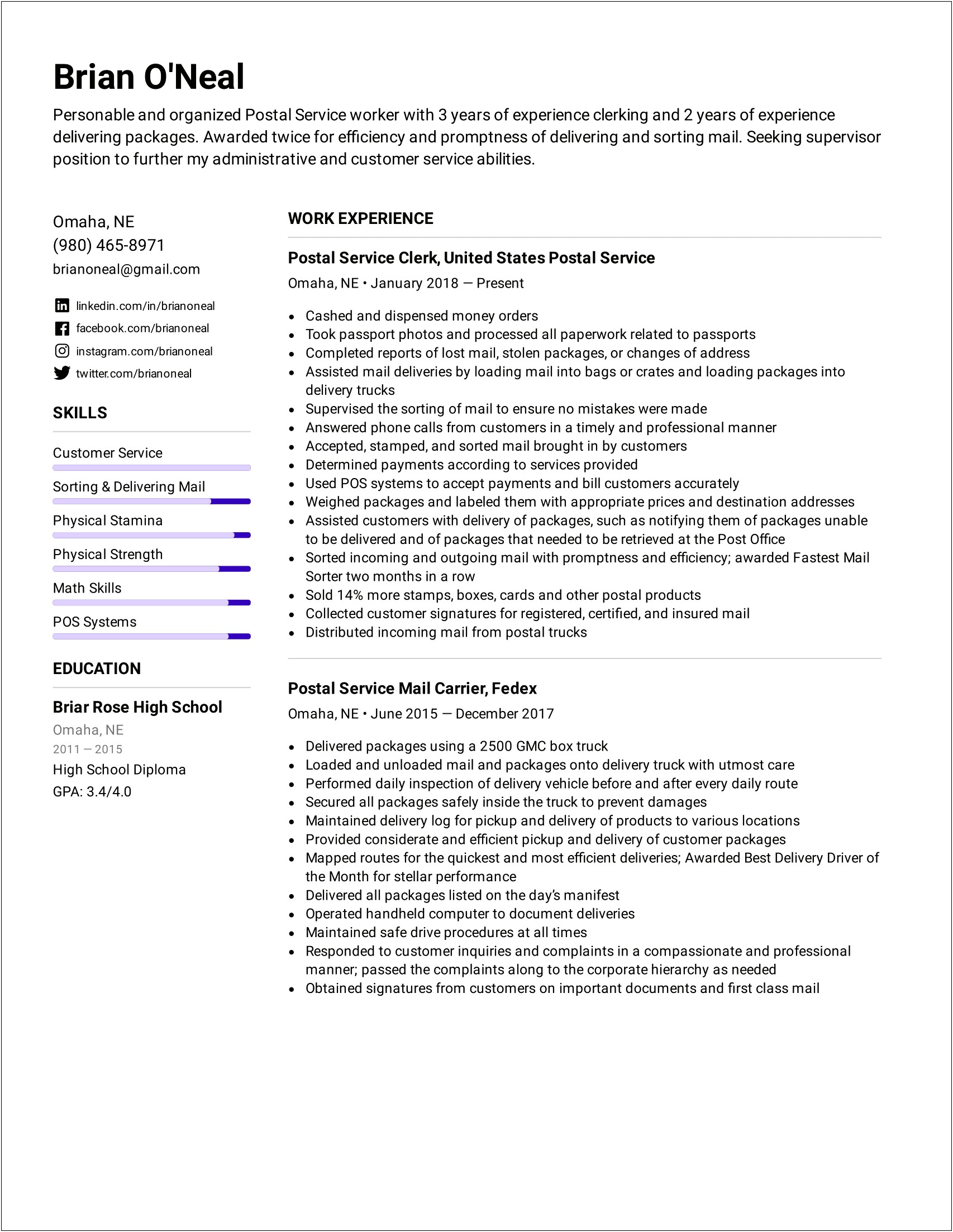 Examples Of Postal Worker Experience On A Resume