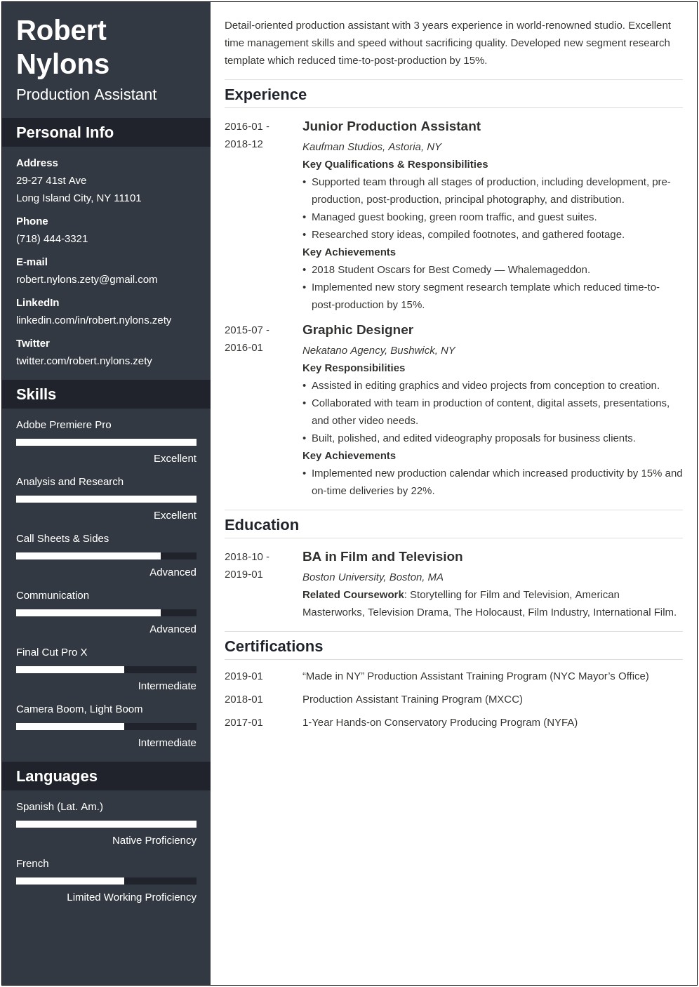 Examples Of Production Assistant Resumes