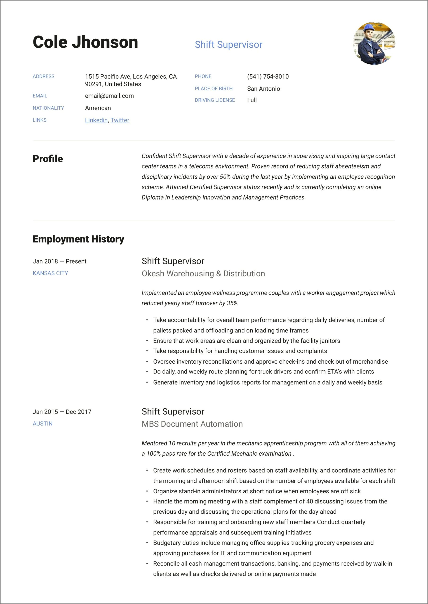 Examples Of Production Supervisor Resumes