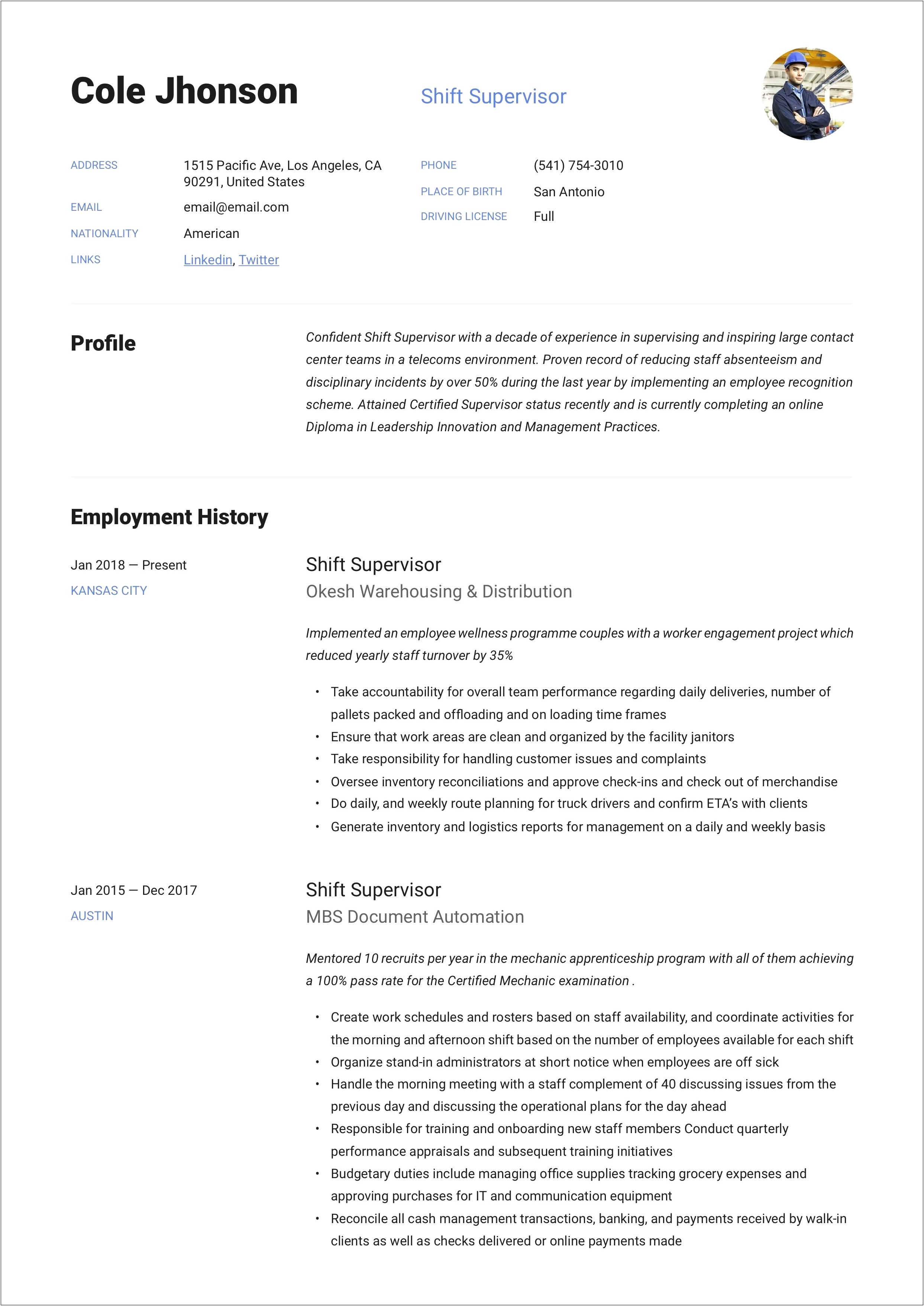 Examples Of Production Supervisor Resumes