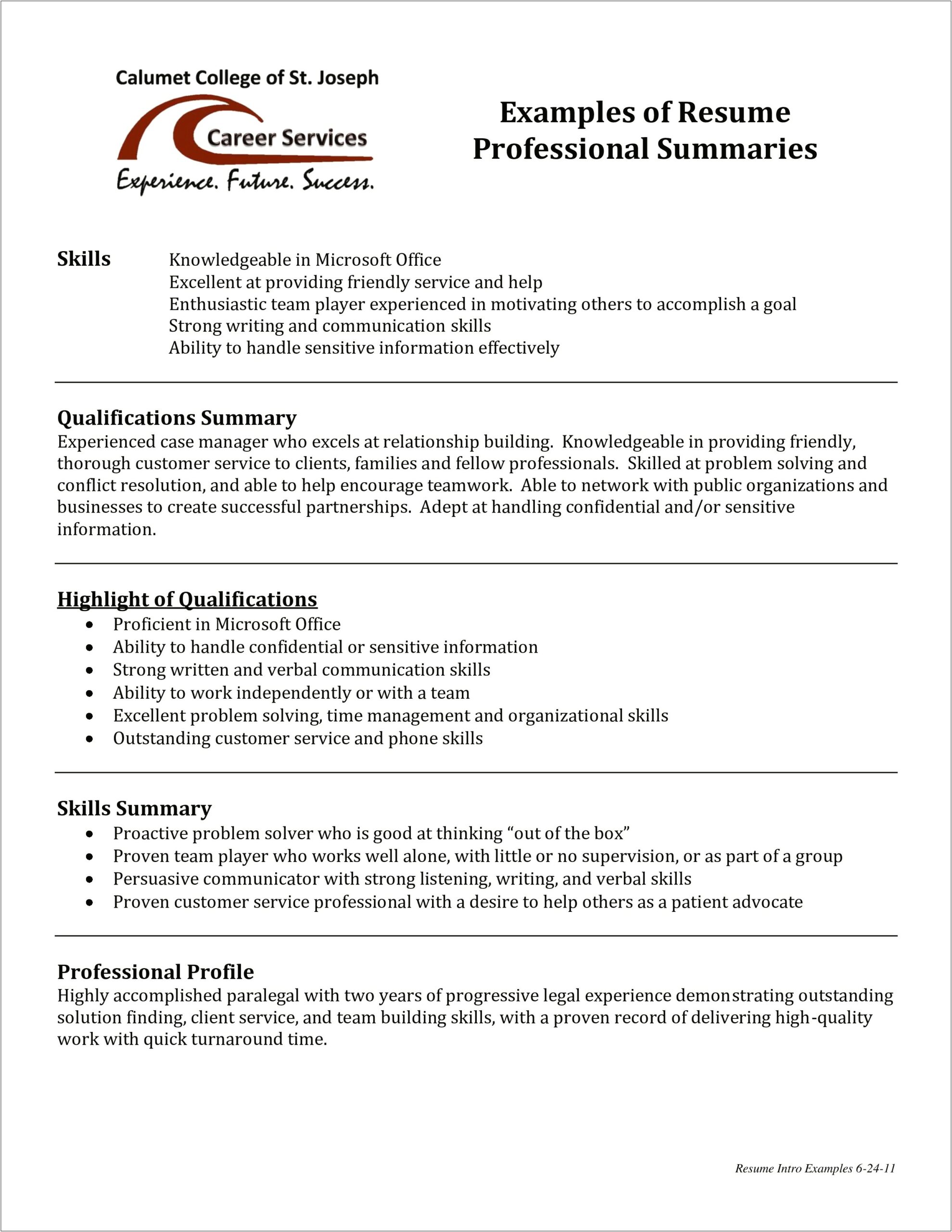 Examples Of Profesional Summary For Resume