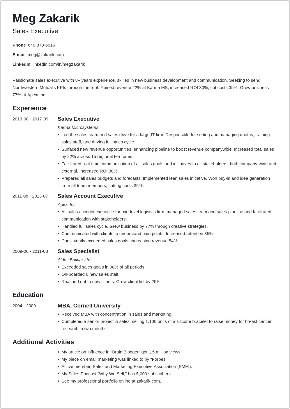 Examples Of Professional Business Resumes