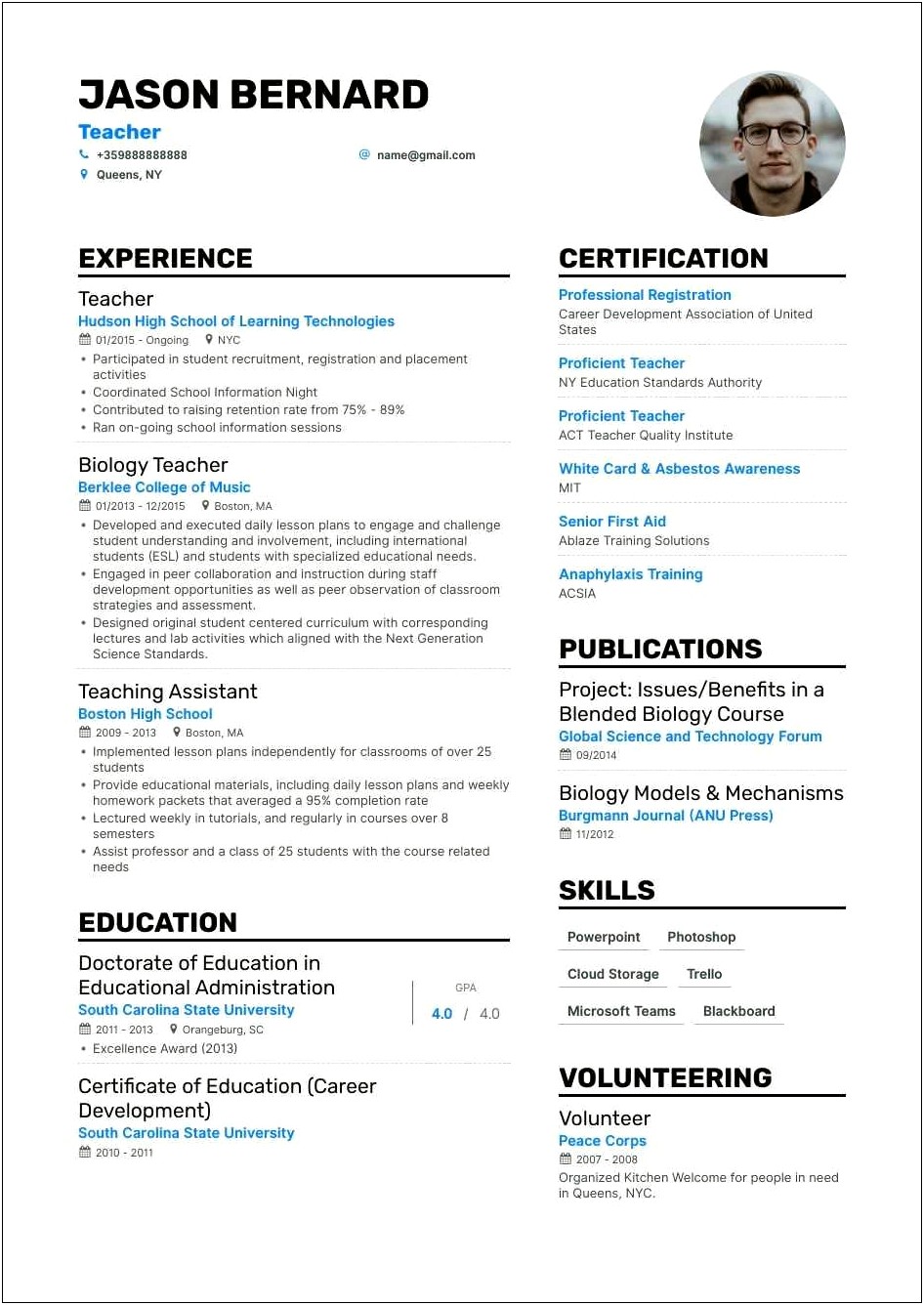 Examples Of Professional Experience On A Teacher Resume