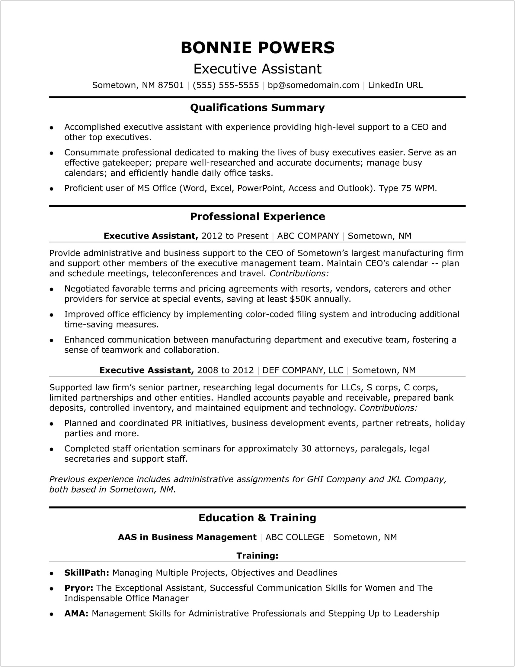 Examples Of Professional Profile Resume