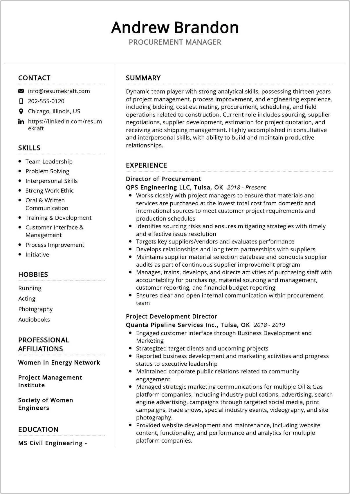 Examples Of Professional Resume For Procurement Managers