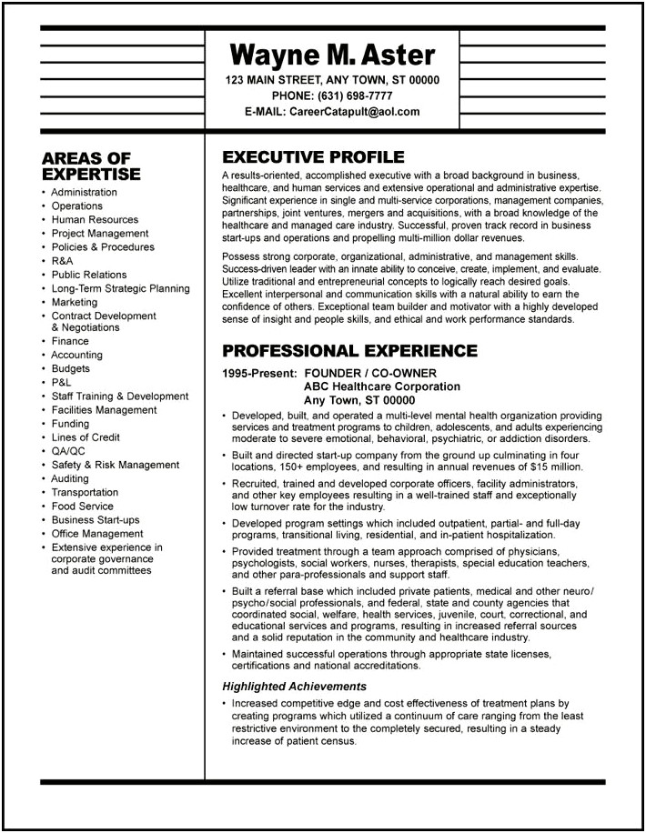 Examples Of Professional Resumes In Healthcare Administration