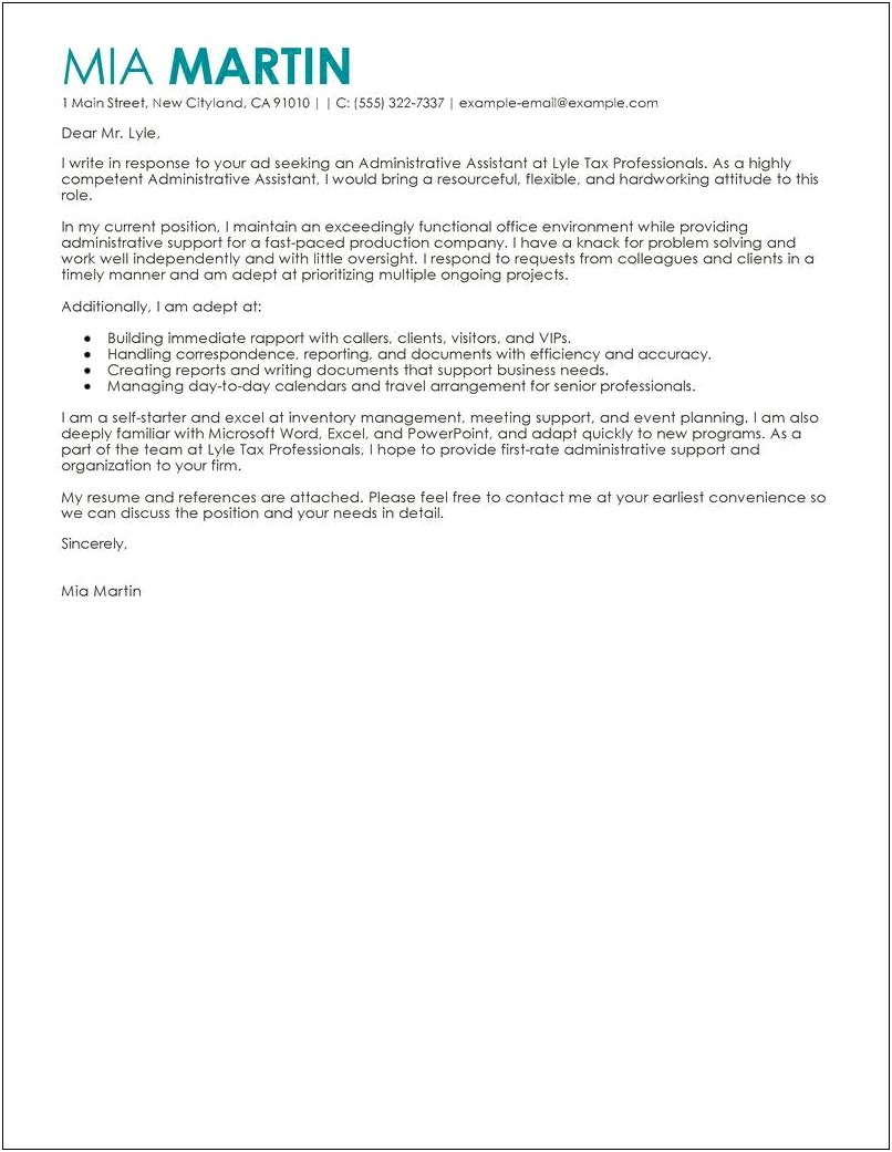 Examples Of Resume Cover Letters For Administrative Assistants