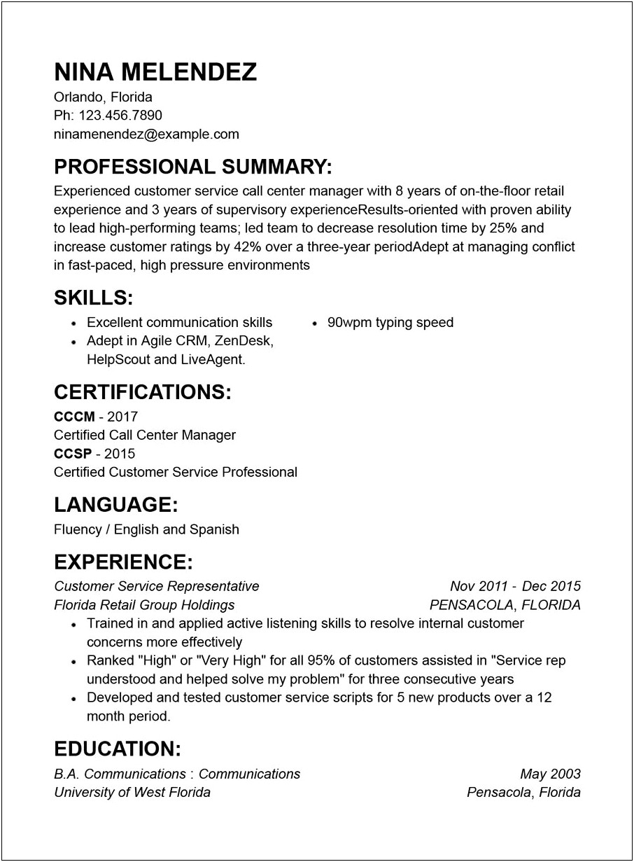 Examples Of Resume Customer Service