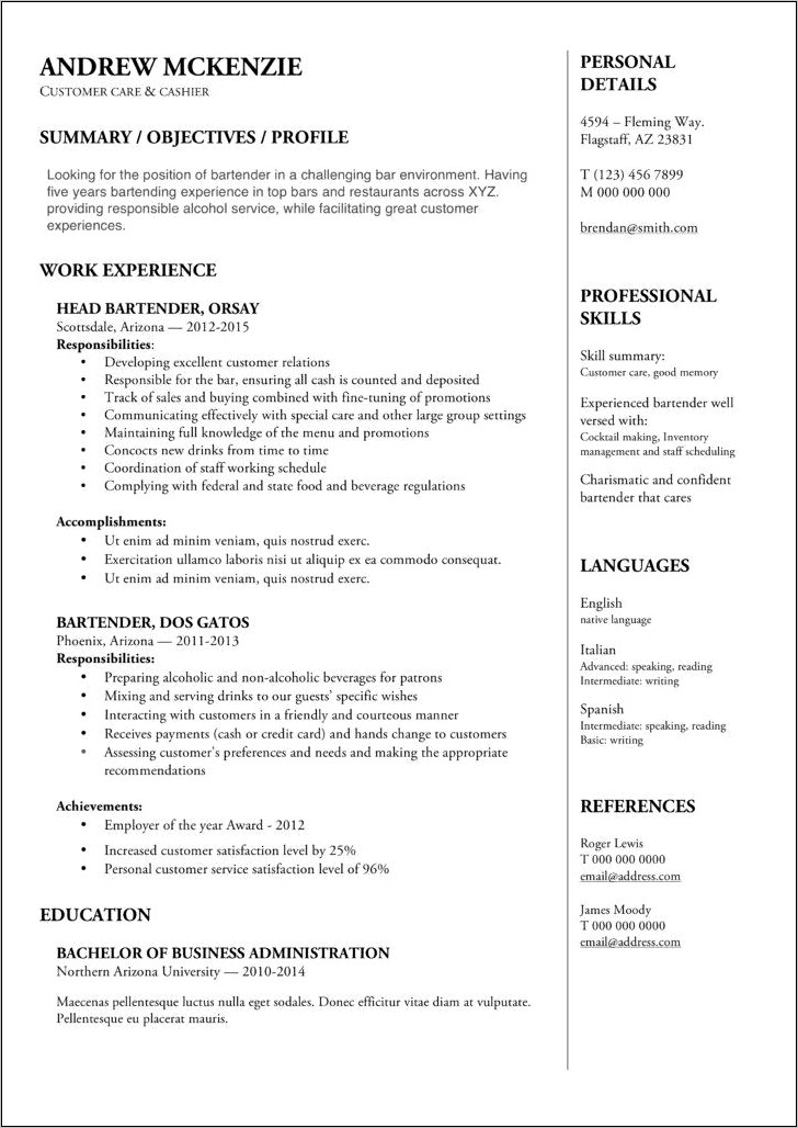 Examples Of Resume For Bartenders