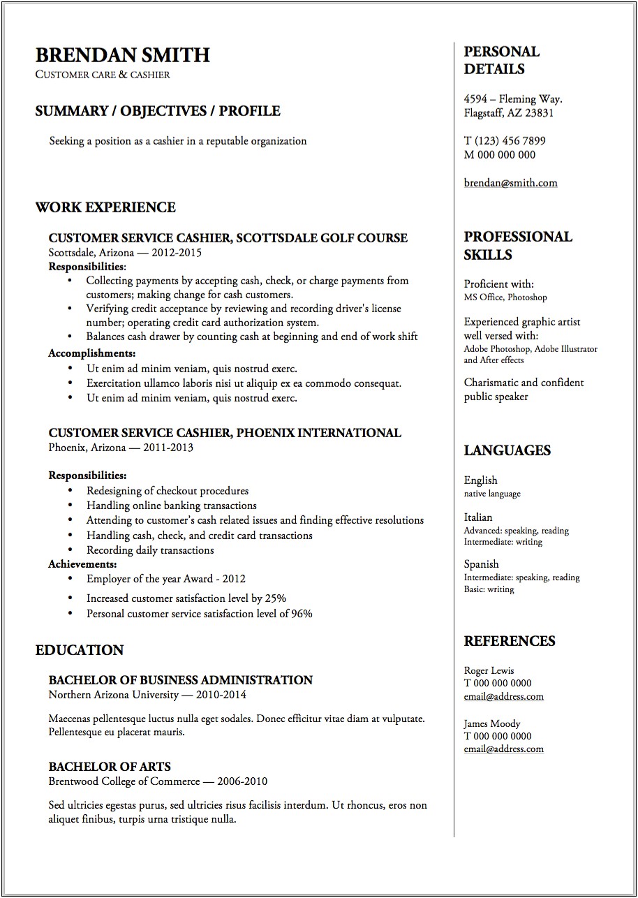 Examples Of Resume For Cashier