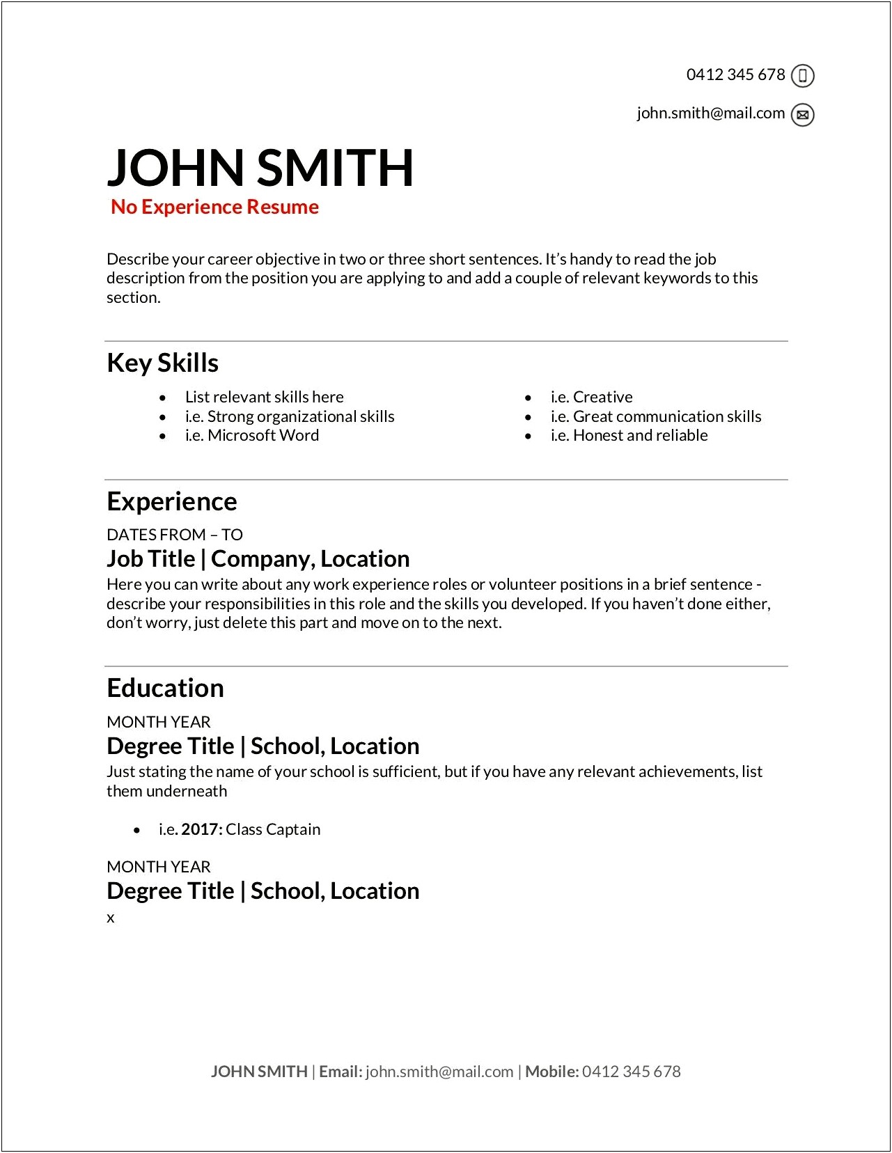 Examples Of Resume For No Previous Work History