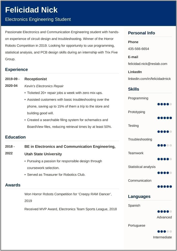 Examples Of Resume For Student Intership