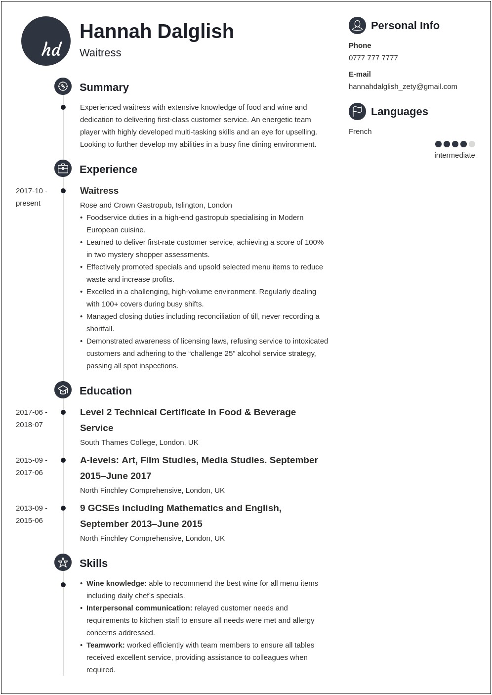 Examples Of Resume For Waitress