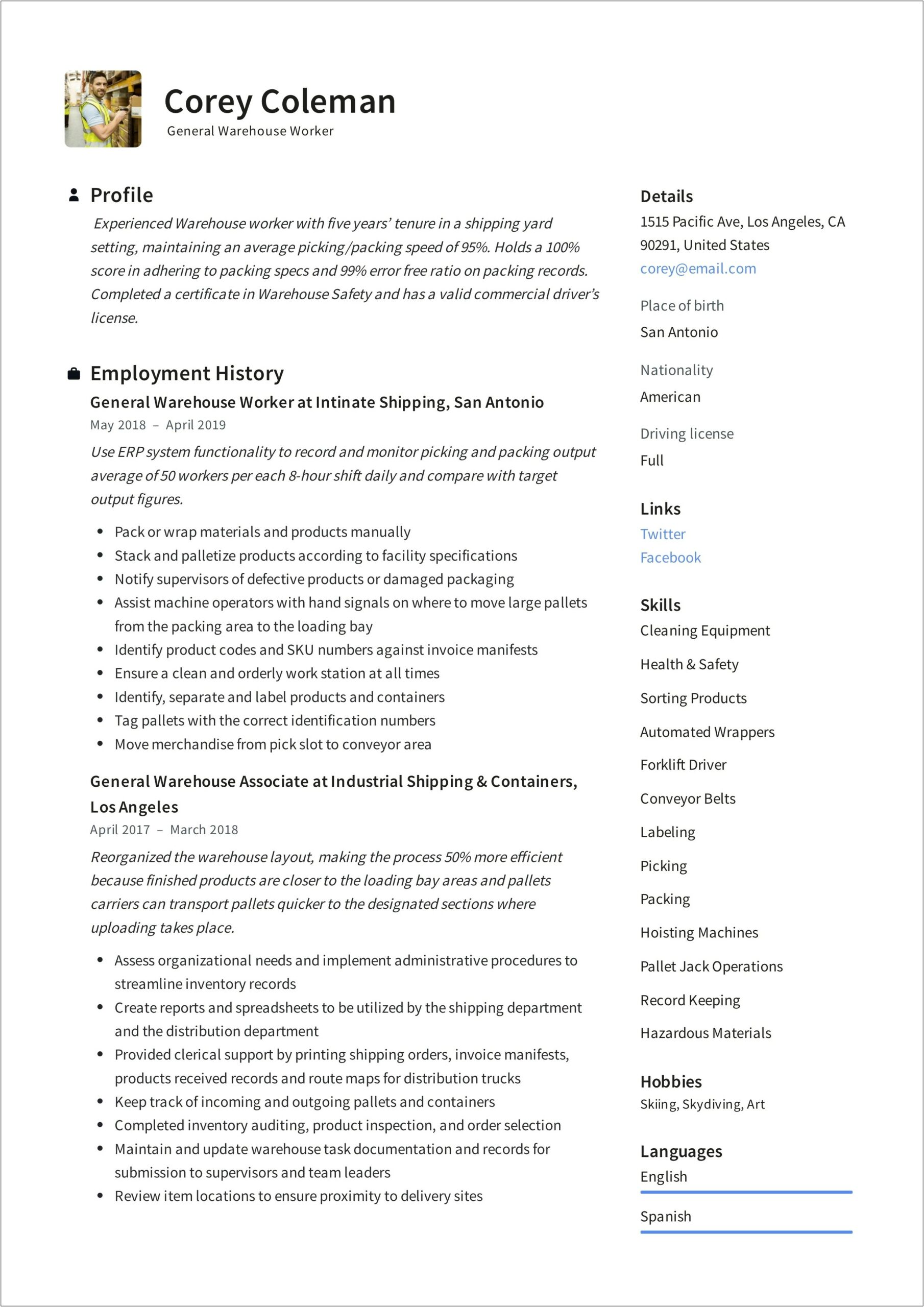 Examples Of Resume For Warehouse Worker