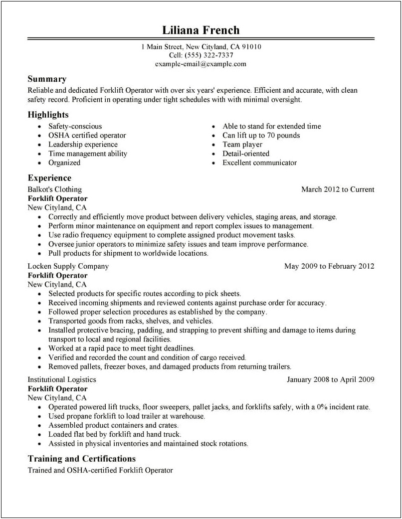 Examples Of Resume Forklift Objectives