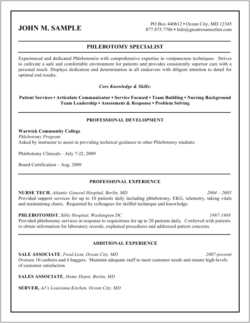Examples Of Resume In Phlebotomy