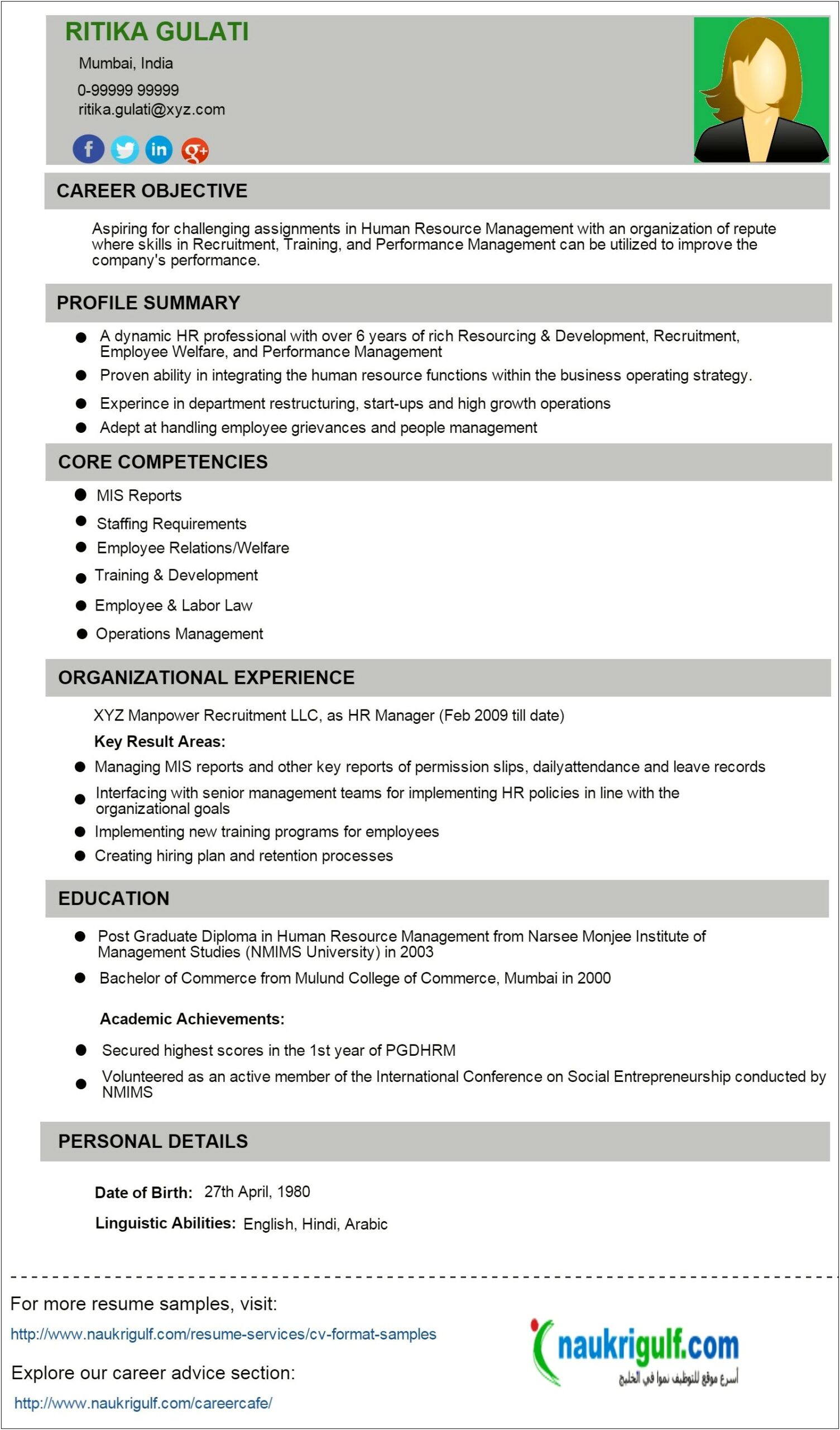 Examples Of Resume Objectives For Human Resources