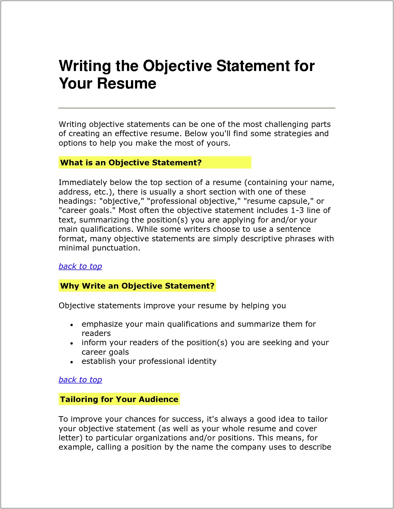Examples Of Resume Ojective Statements
