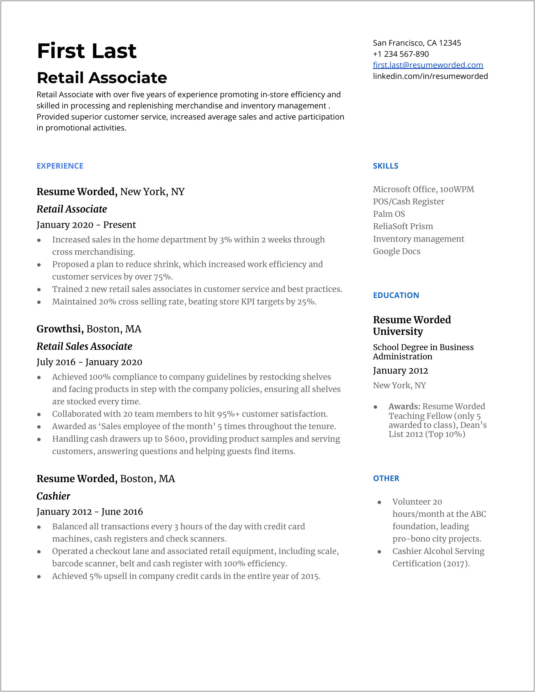 Examples Of Resume Summary For Retail